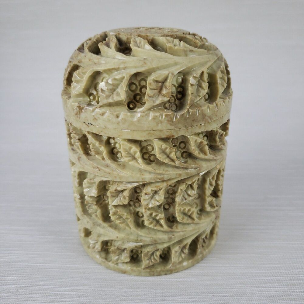 Carved Soapstone Trinket Box Jar Dome Lid Ornate Rose Leaves Artisan India